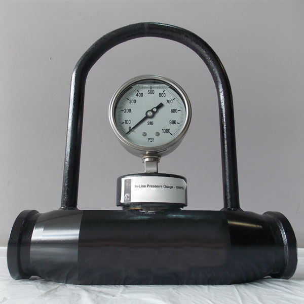 Our in-line pressure gauge has a one piece machined body. No welded parts