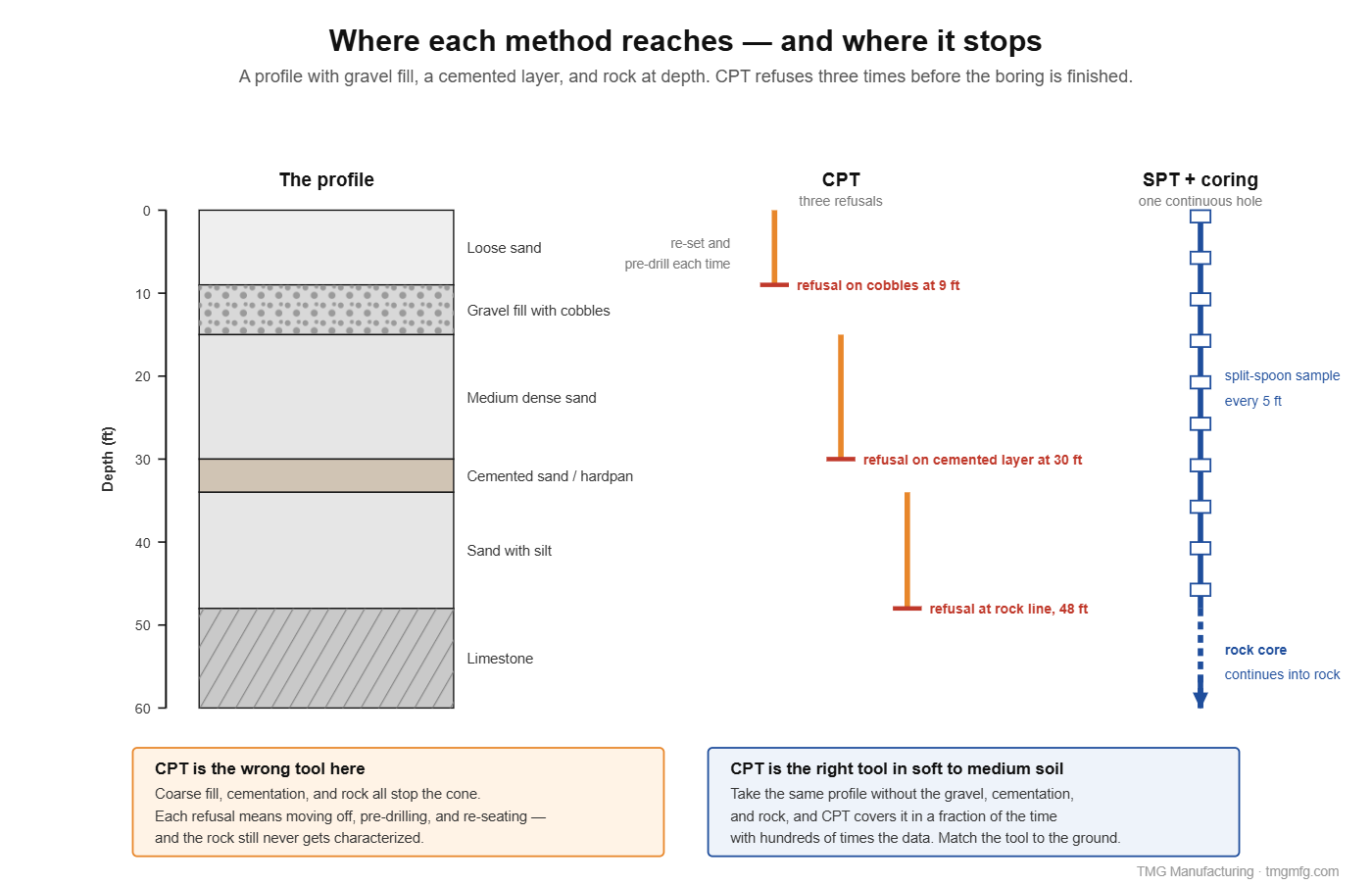 Soil profile diagram showing CPT refusing on cobbles, a cemented layer, and rock while a single SPT boring with rock coring reaches full depth