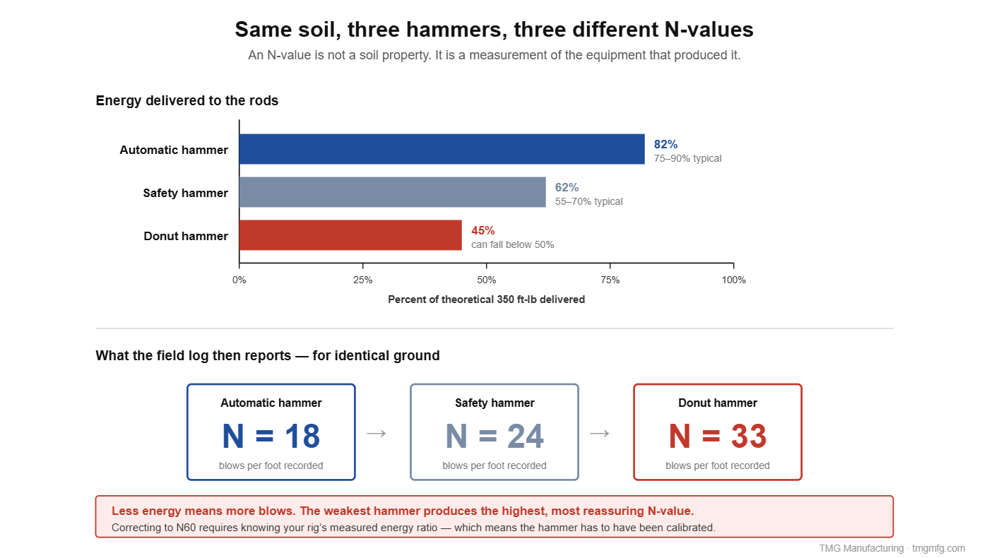 Chart comparing automatic, safety, and donut SPT hammer energy transfer and the different N-values each reports in identical soil