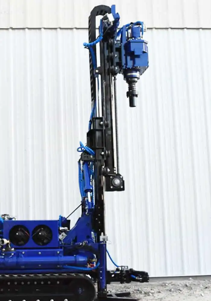 The CGR-138 drilling rig, can tilt its mast for angled drill micro pile installation and rotary drilling