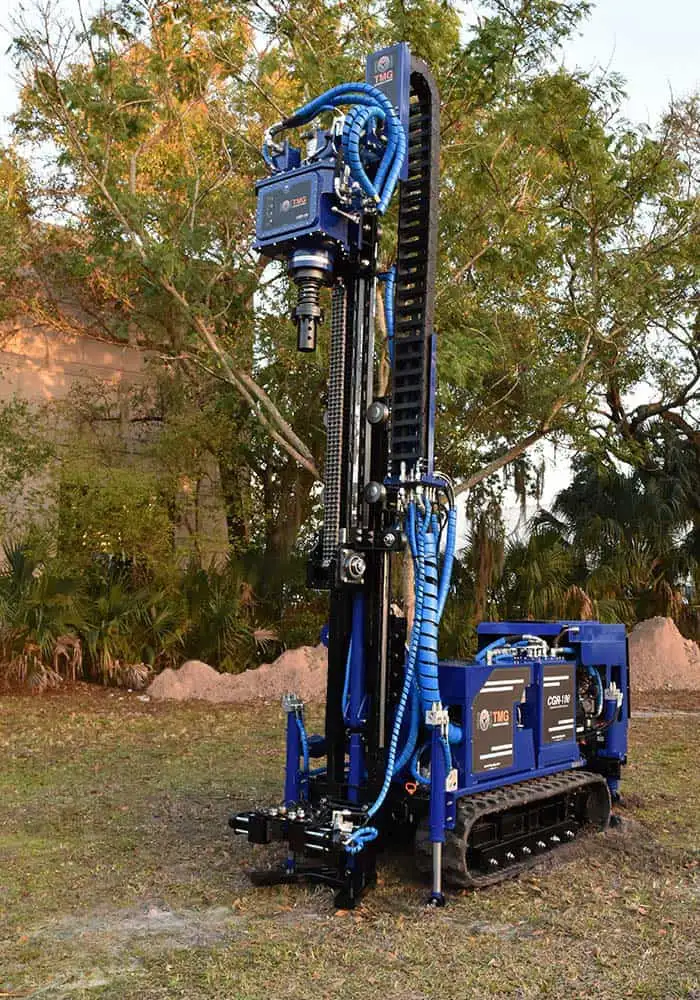 Mini drilling rig for micropile installation and rotary drill CGR-138 with mud pump for wet drilling.