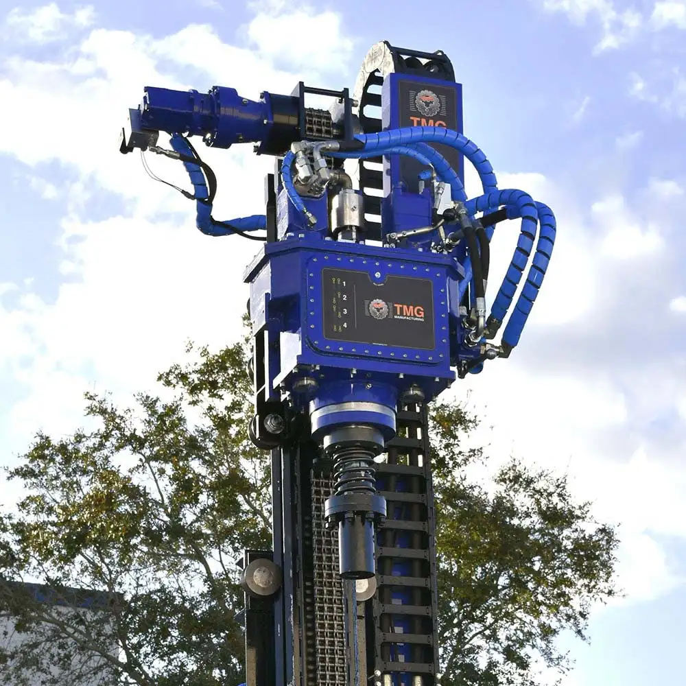 The CGR-138 soil drilling rig for foundation repair and micropile installation, has a 4-speed rotary drill head with wet swivel