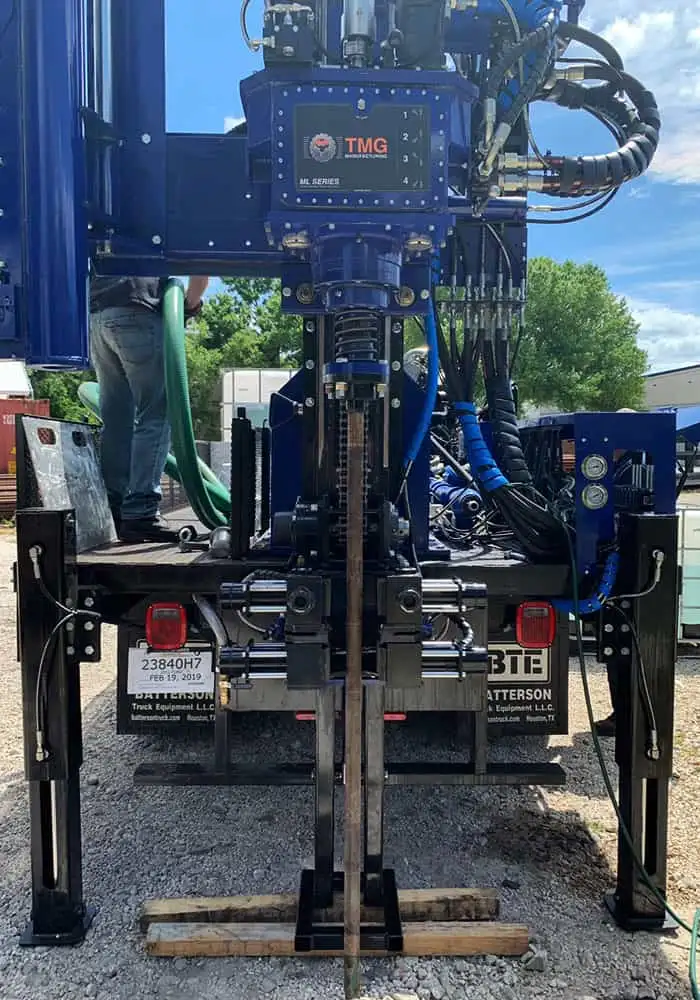 Flatbed truck drilling rigs with four speed rotary drill head and automatic or manual spt hammer for sampling.